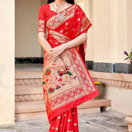 Scarlet Red Woven Lush Banarasi Silk Saree with Overall Butti work