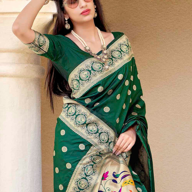 Forest Green Woven Lush Banarasi Silk Saree with Overall Butti work