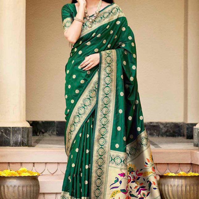 Forest Green Woven Lush Banarasi Silk Saree with Overall Butti work
