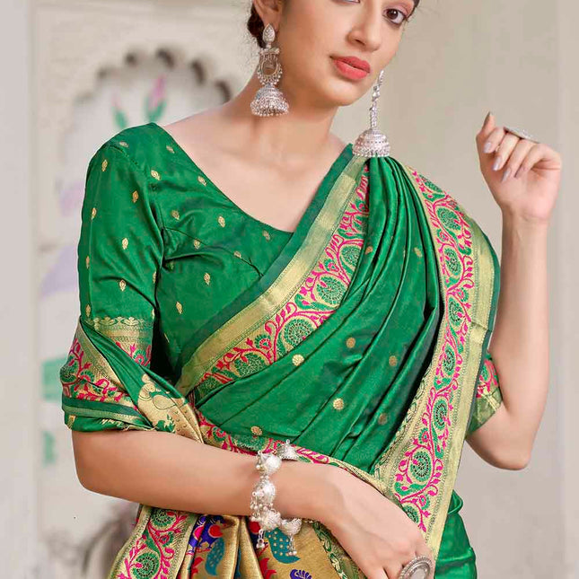 Lush Green Traditional Woven Paithani Banarasi Silk Saree