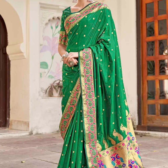 Lush Green Traditional Woven Paithani Banarasi Silk Saree