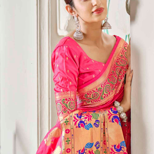 Bubblegum Pink Traditional Woven Paithani Banarasi Silk Saree