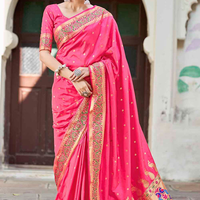 Bubblegum Pink Traditional Woven Paithani Banarasi Silk Saree