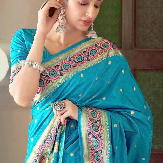 Aqua Blue Traditional Woven Paithani Banarasi Silk Saree
