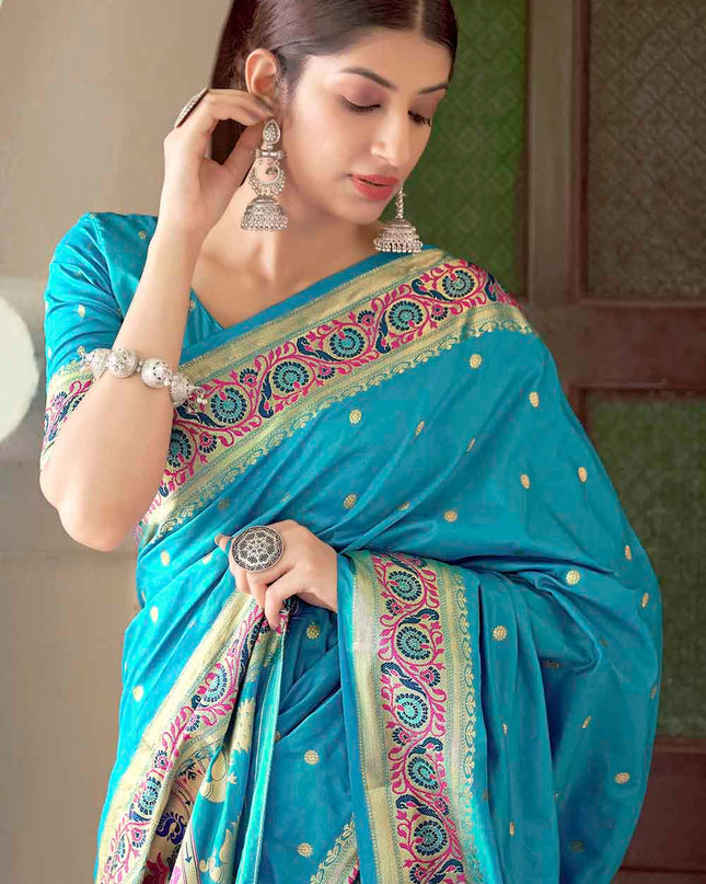 Aqua Blue Traditional Woven Paithani Banarasi Silk Saree