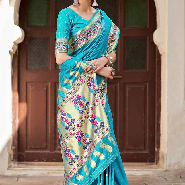 Aqua Blue Traditional Woven Paithani Banarasi Silk Saree