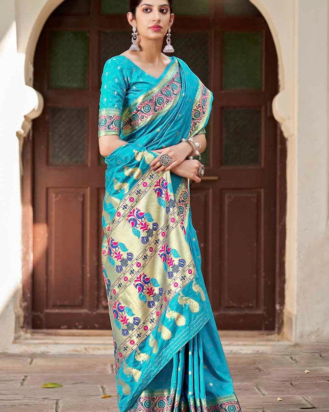 Aqua Blue Traditional Woven Paithani Banarasi Silk Saree
