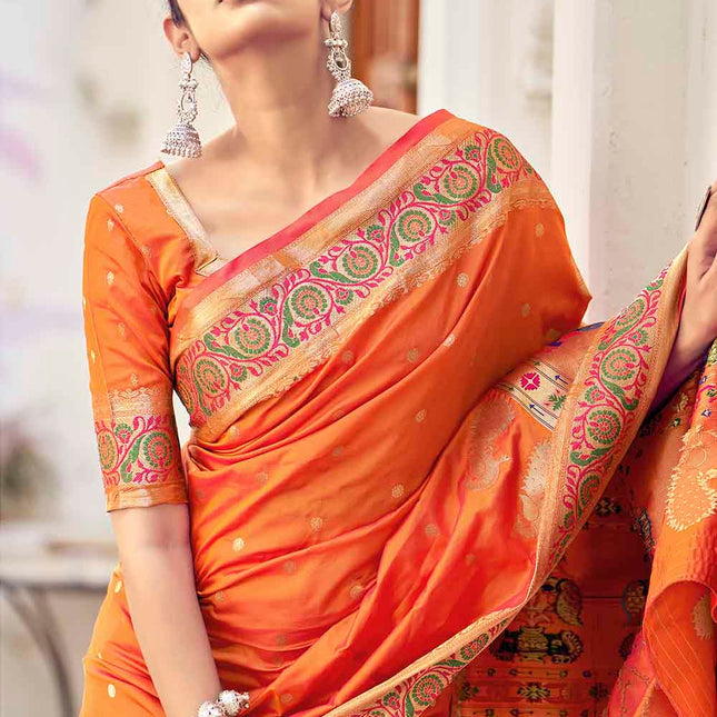 Monarch Orange Traditional Woven Paithani Banarasi Silk Saree