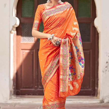 Monarch Orange Traditional Woven Paithani Banarasi Silk Saree