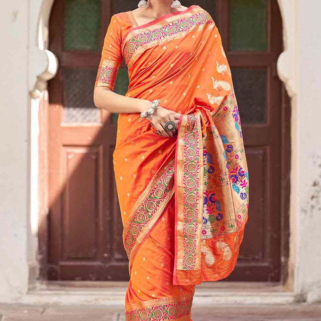 Monarch Orange Traditional Woven Paithani Banarasi Silk Saree