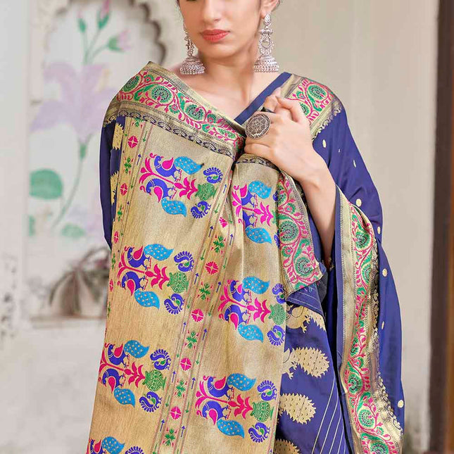 Dark Blue Traditional Woven Paithani Banarasi Silk Saree