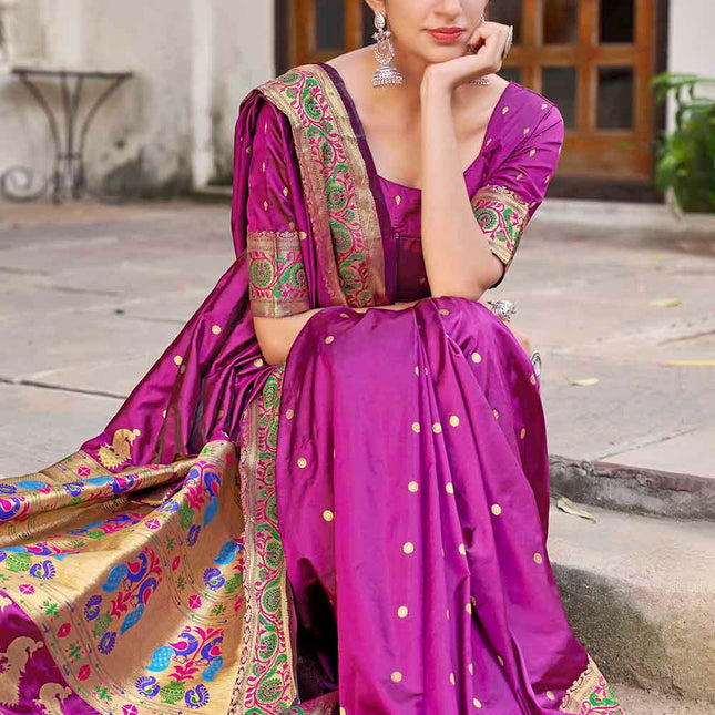 Mitten Purple Traditional Woven Paithani Banarasi Silk Saree