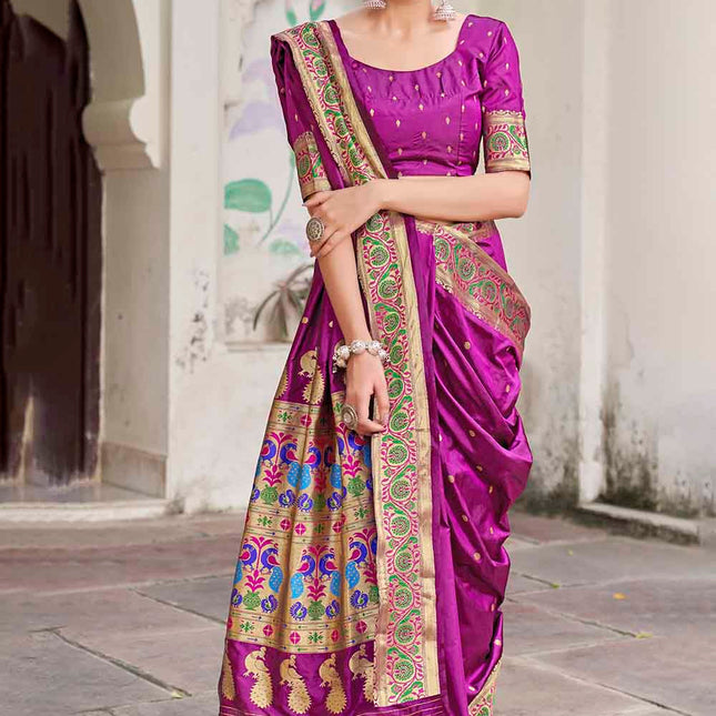 Mitten Purple Traditional Woven Paithani Banarasi Silk Saree