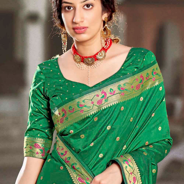 Dark Green Woven Banarasi Silk Saree with Peacock & Floral Motifs Pallu