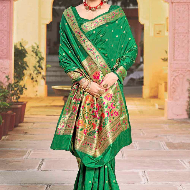 Dark Green Woven Banarasi Silk Saree with Peacock & Floral Motifs Pallu