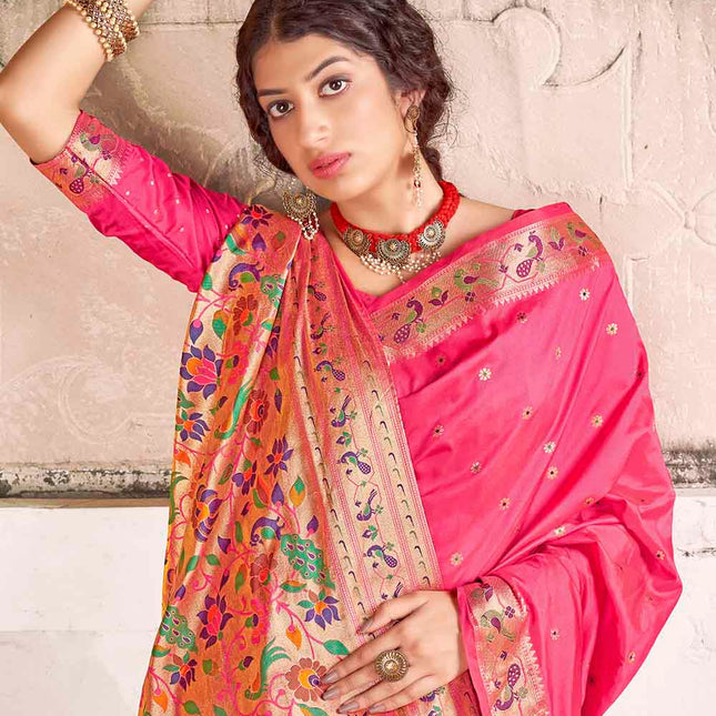Pink Woven Woven Banarasi Silk Saree with Peacock & Floral Motifs Pallu