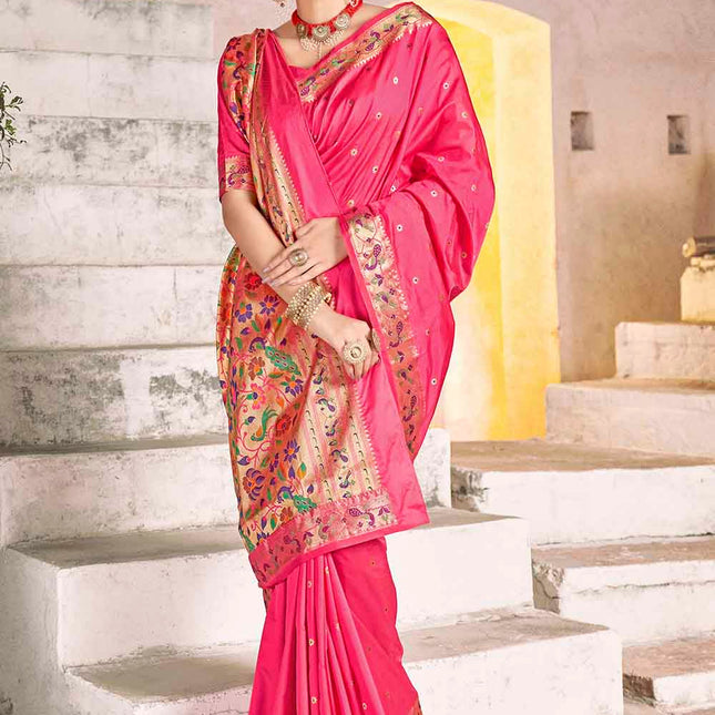 Pink Woven Woven Banarasi Silk Saree with Peacock & Floral Motifs Pallu