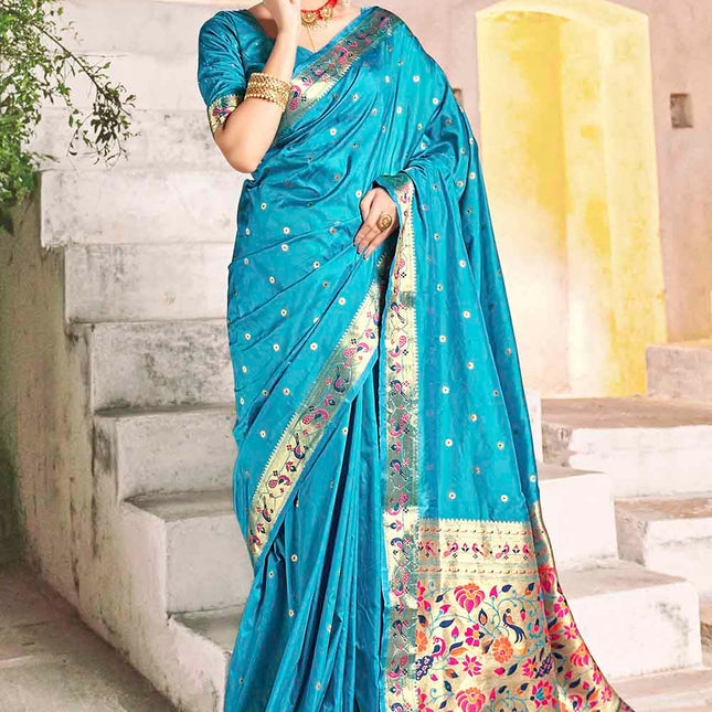 Baby Blue Woven Banarasi Silk Saree with Peacock & Floral Motifs Pallu