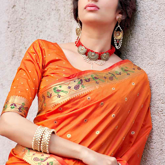 Summer Orange Woven Banarasi Silk Saree with Peacock & Floral Motifs Pallu