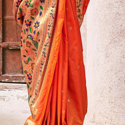 Summer Orange Woven Banarasi Silk Saree with Peacock & Floral Motifs Pallu