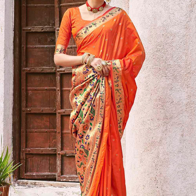 Summer Orange Woven Banarasi Silk Saree with Peacock & Floral Motifs Pallu