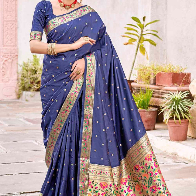 Dark Blue Woven Banarasi Silk Saree with Peacock & Floral Motifs Pallu