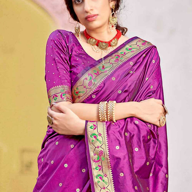 Purple Woven Banarasi Silk Saree with Peacock & Floral Motifs Pallu