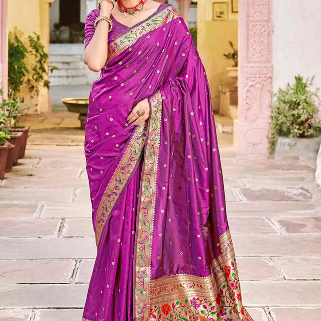 Purple Woven Banarasi Silk Saree with Peacock & Floral Motifs Pallu