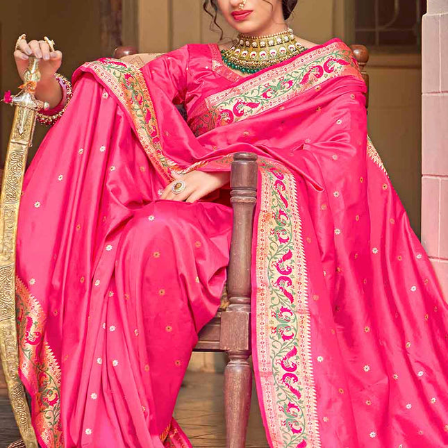 Fuchsia Pink Woven Peacock Motifs Banarasi Silk Saree