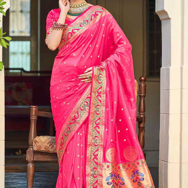 Fuchsia Pink Woven Peacock Motifs Banarasi Silk Saree