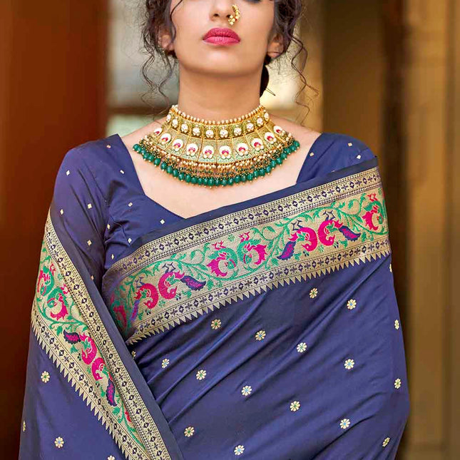 Admiral Blue Woven Peacock Motifs Banarasi Silk Saree