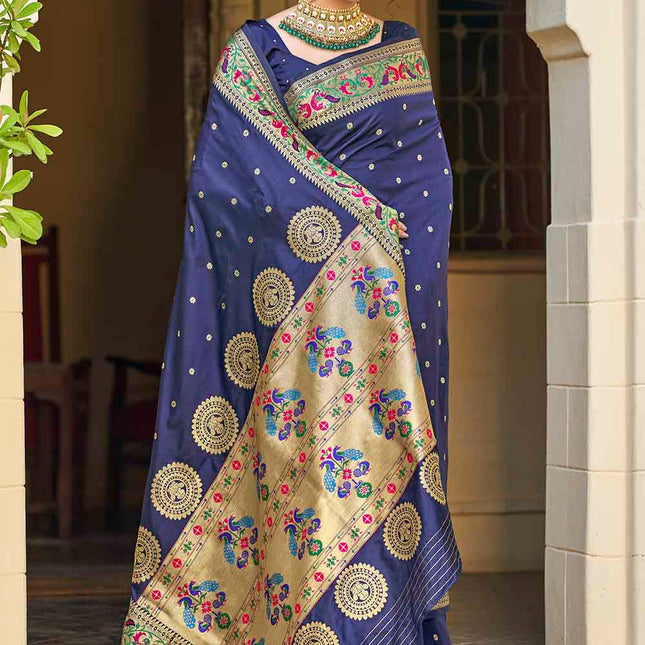 Admiral Blue Woven Peacock Motifs Banarasi Silk Saree