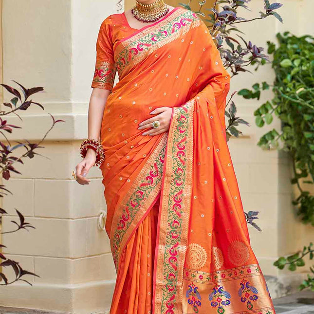 Tangy Orange Woven Peacock Motifs Banarasi Silk Saree
