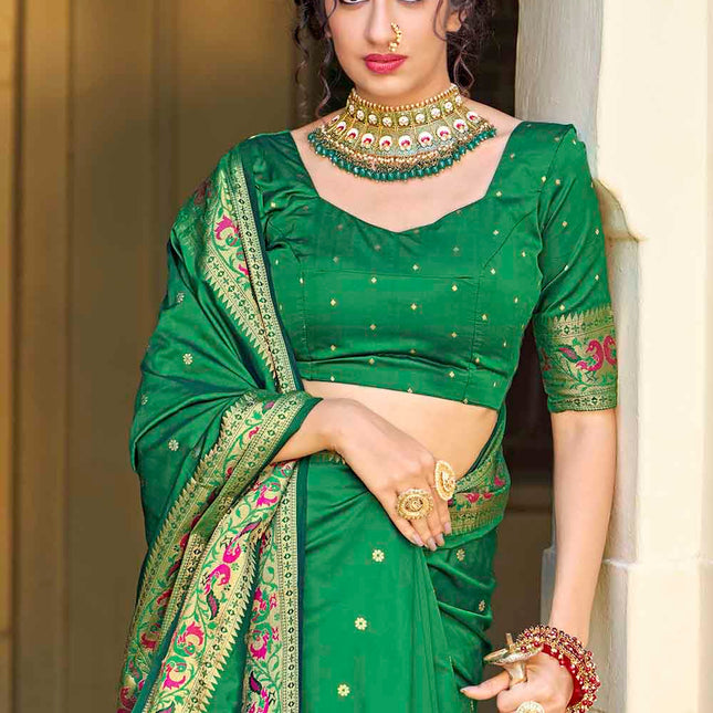 Dark Green Woven Peacock Motifs Banarasi Silk Saree