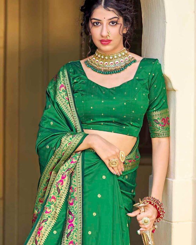 Dark Green Woven Peacock Motifs Banarasi Silk Saree