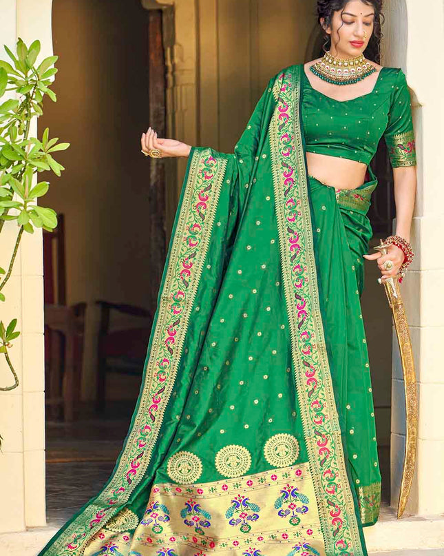 Dark Green Woven Peacock Motifs Banarasi Silk Saree