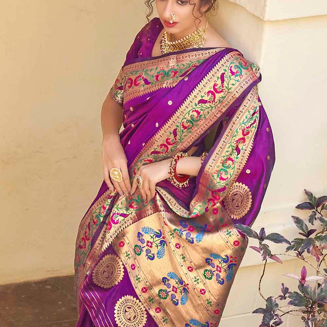 Dark Orchid Purple Woven Peacock Motifs Banarasi Silk Saree