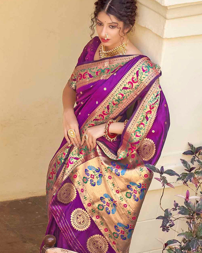 Dark Orchid Purple Woven Peacock Motifs Banarasi Silk Saree