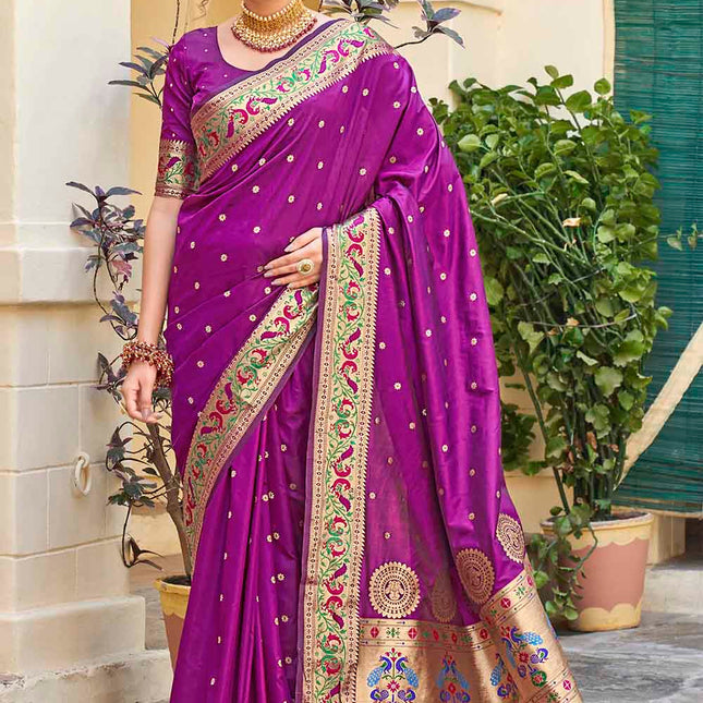 Dark Orchid Purple Woven Peacock Motifs Banarasi Silk Saree