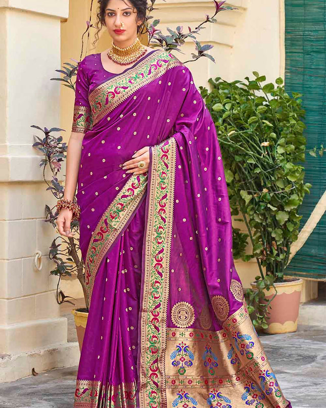 Dark Orchid Purple Woven Peacock Motifs Banarasi Silk Saree
