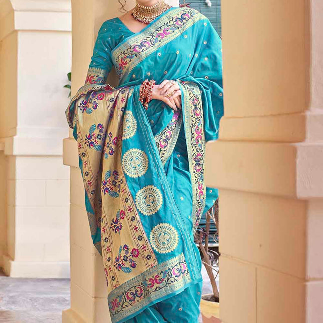 Dodger Blue Woven Peacock Motifs Banarasi Silk Saree