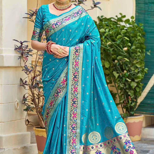 Dodger Blue Woven Peacock Motifs Banarasi Silk Saree