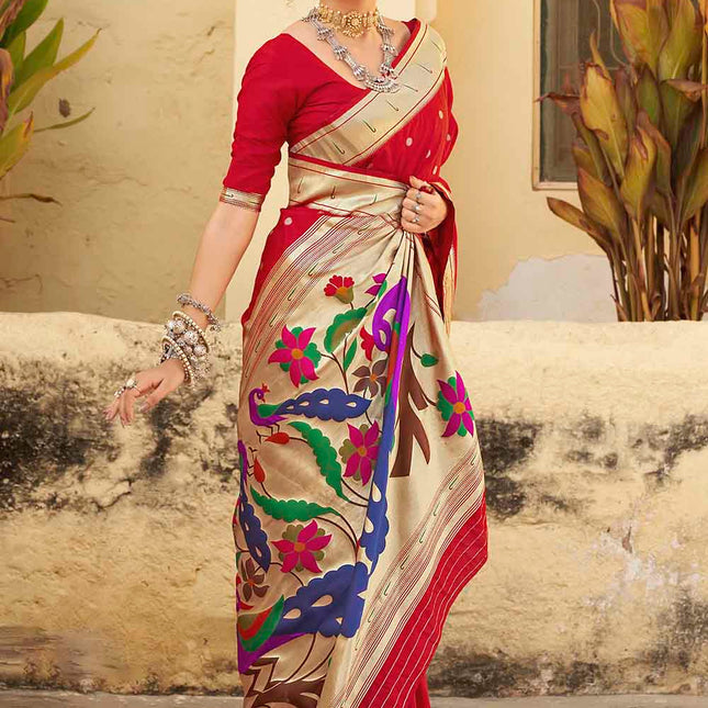 Rose Red Woven Paithani Banarasi Silk Saree
