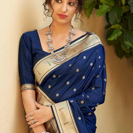 Dark Blue Woven Paithani Banarasi Silk Saree
