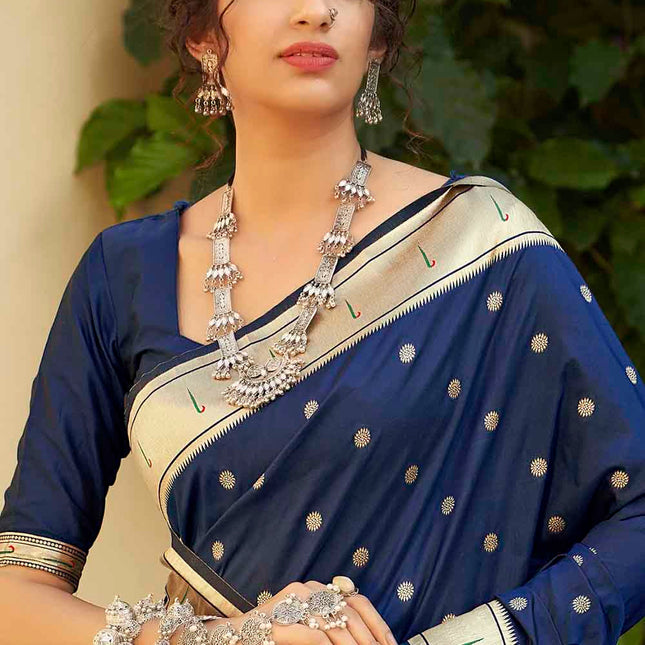 Dark Blue Woven Paithani Banarasi Silk Saree