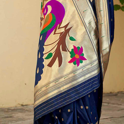 Dark Blue Woven Paithani Banarasi Silk Saree