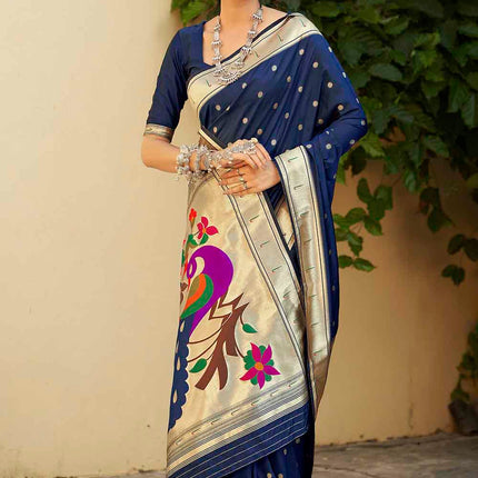 Dark Blue Woven Paithani Banarasi Silk Saree