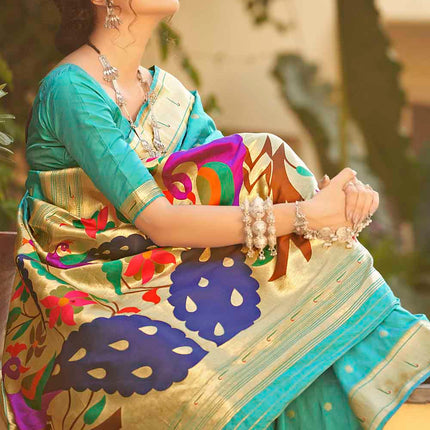 Sky Blue Woven Paithani Banarasi Silk Saree