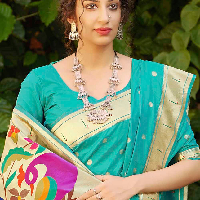 Sky Blue Woven Paithani Banarasi Silk Saree