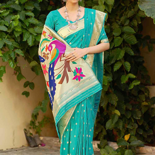 Sky Blue Woven Paithani Banarasi Silk Saree